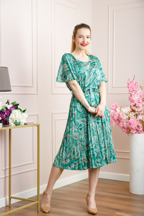 Rochie plisata satinata verde smarald cu imprimeuri mandala