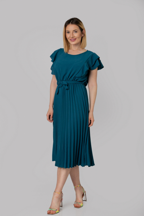Rochie plisata turcoaz cu volane pe maneci
