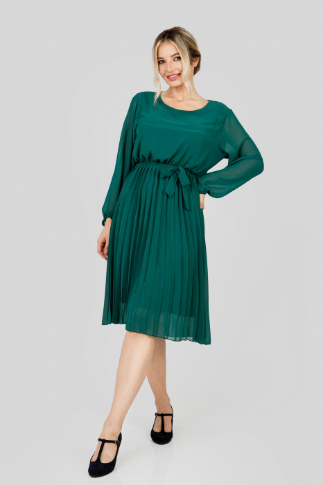 Rochie plisata verde cu cordon in talie si maneca lunga