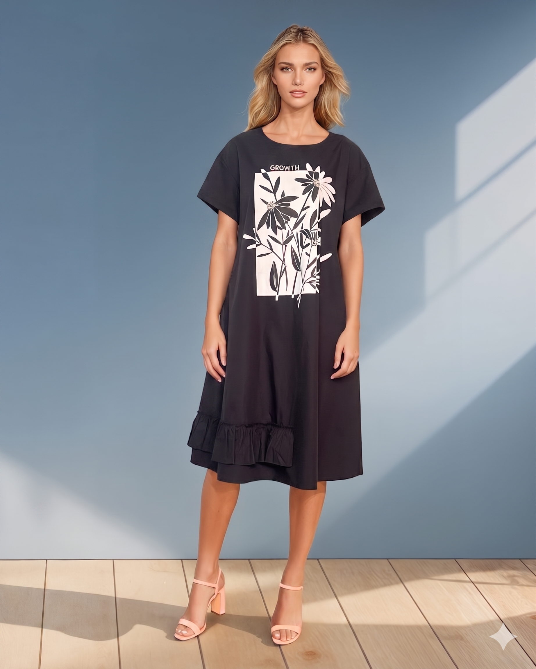 Rochie print florală cu strasuri și volan jos negru - Unica (XL-3XL)