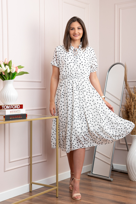Rochie retro alba Leslie cu buline negre si maneci bufante