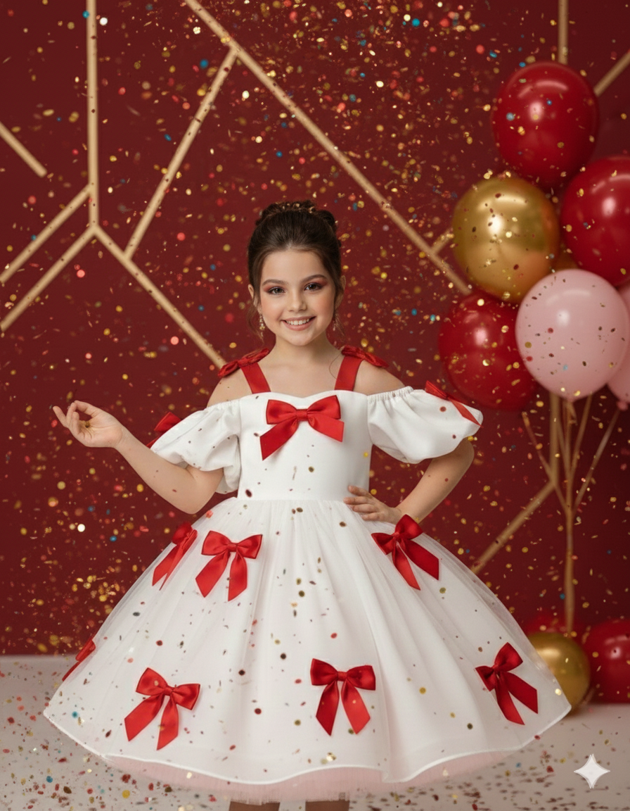 Rochie rosie eleganta din tafta cu fundite rosii pentru fete - Berta