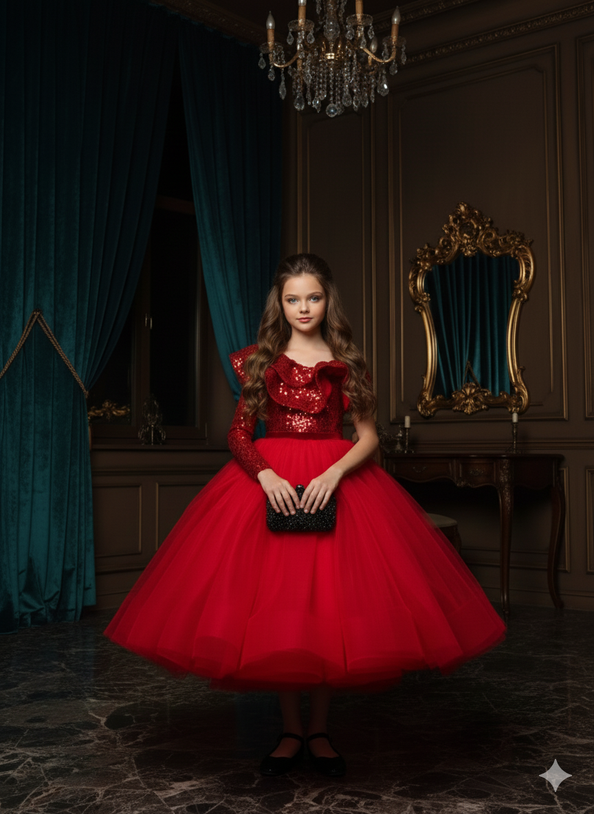 Rochie rosie eleganta pentru fete, din paiete si tulle - Dasha