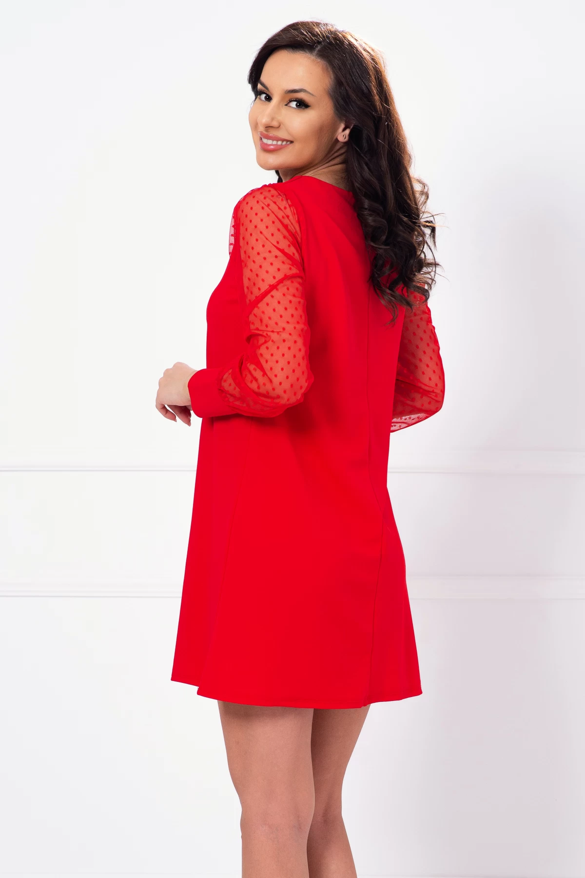 Rochie rosie lejera cu maneci din tulle cu buline - poza 2
