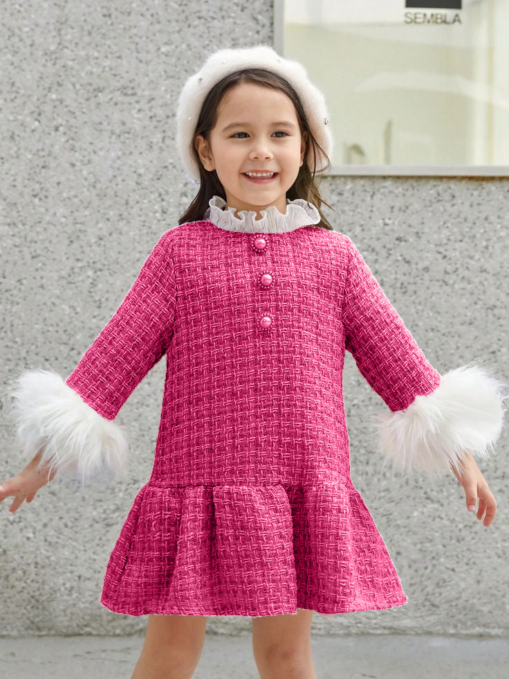 Rochie roz din stofa tweed si mansete din blanita ecologica pentru fete - Meghan