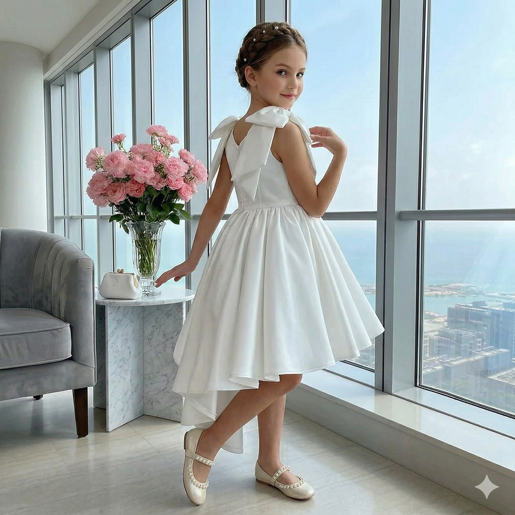 Rochie roz eleganta cu trena din tafta pentru fete - Fiona