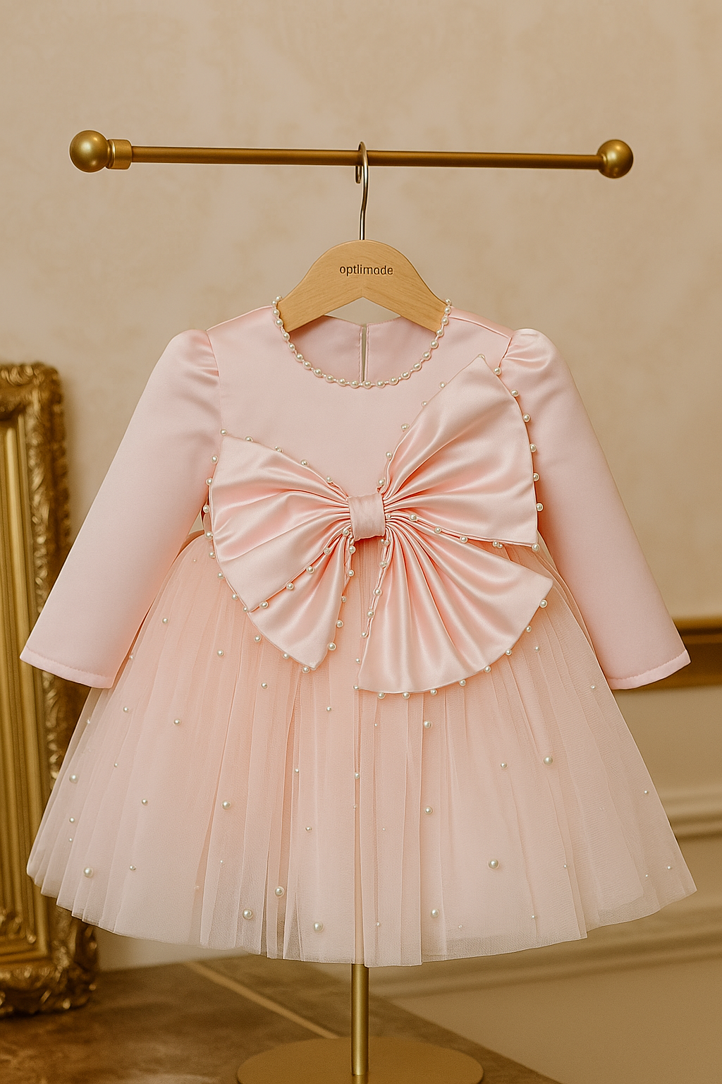 Rochie roz eleganta pentru fete, cu fundite si perle - Kendra