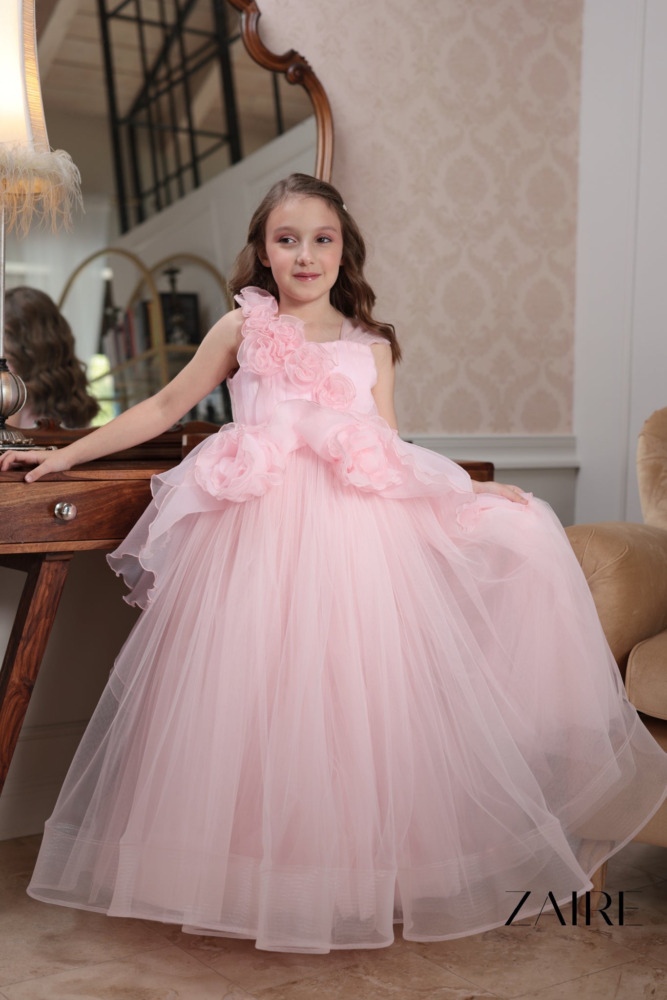 Rochie roz lunga eleganta cu flori pentru fete - 8 ani