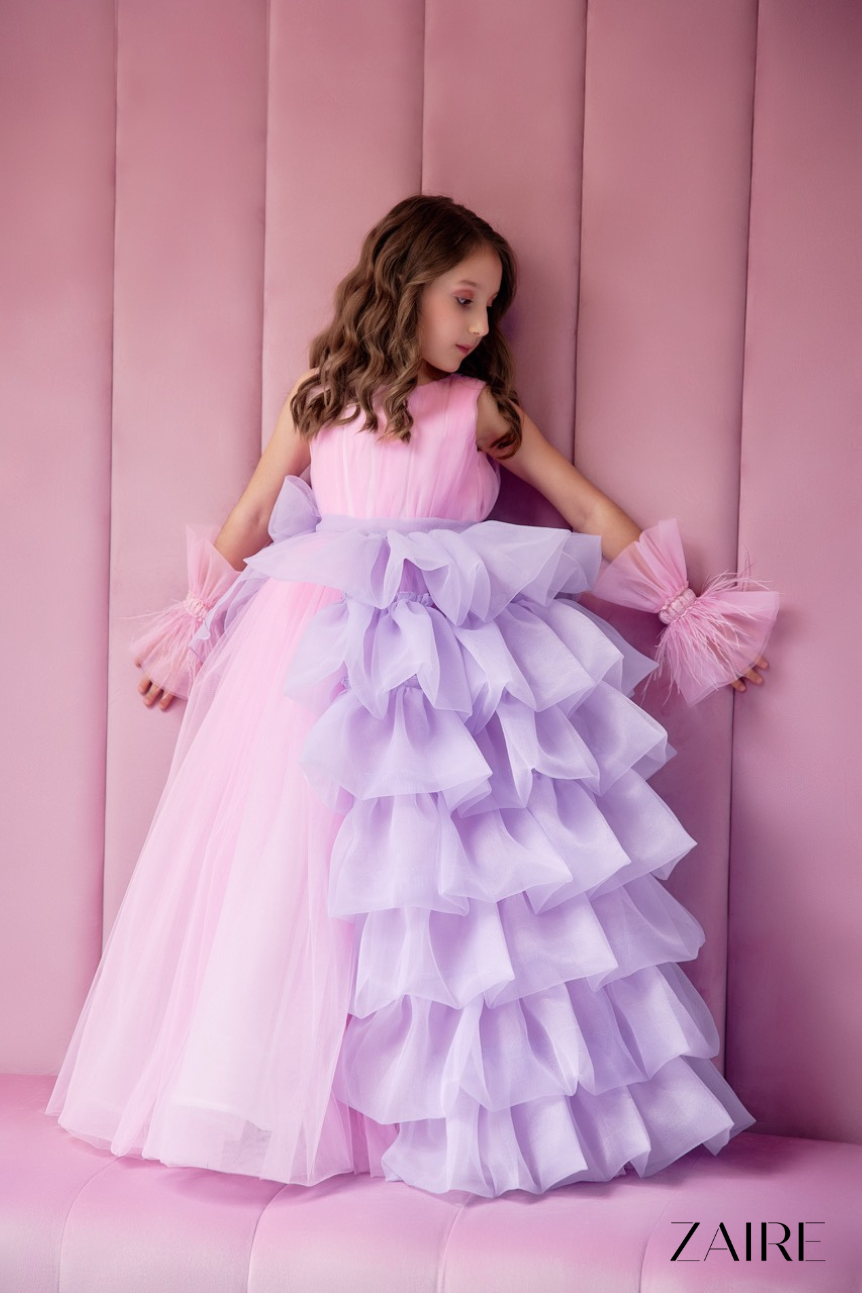 Rochie roz lunga eleganta cu volane lila pentru fete - 7-8 ani