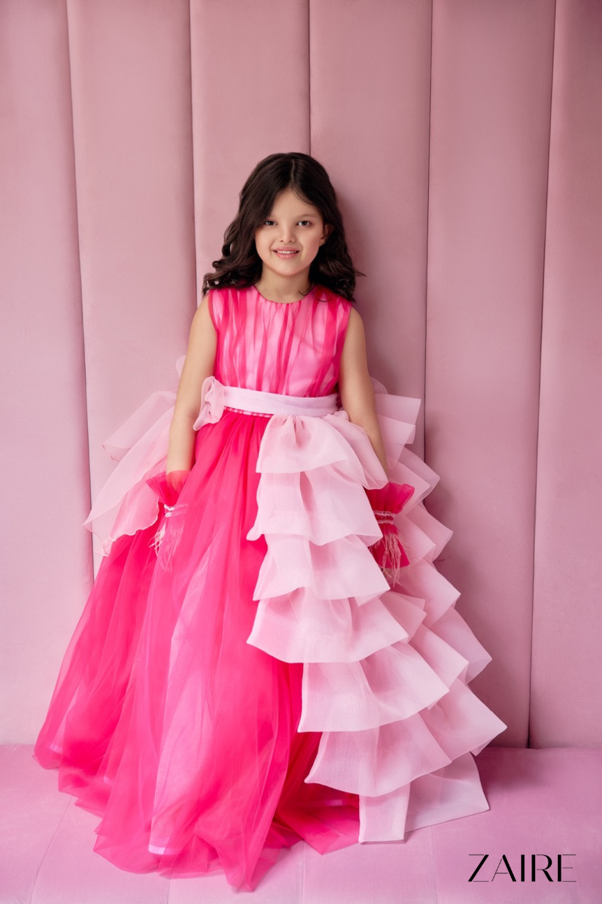 Rochie roz lunga eleganta cu volane pentru fete - 7-8 ani