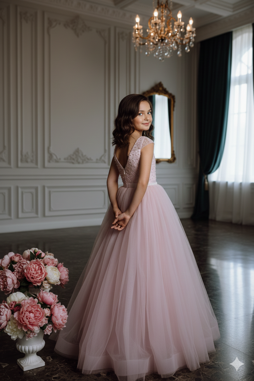 Rochie roz lunga eleganta pentru fete, din tulle si dantela - Polina