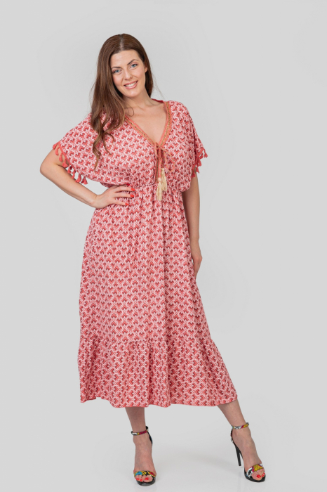 Rochie roz somon cu ciucuri si model mandala