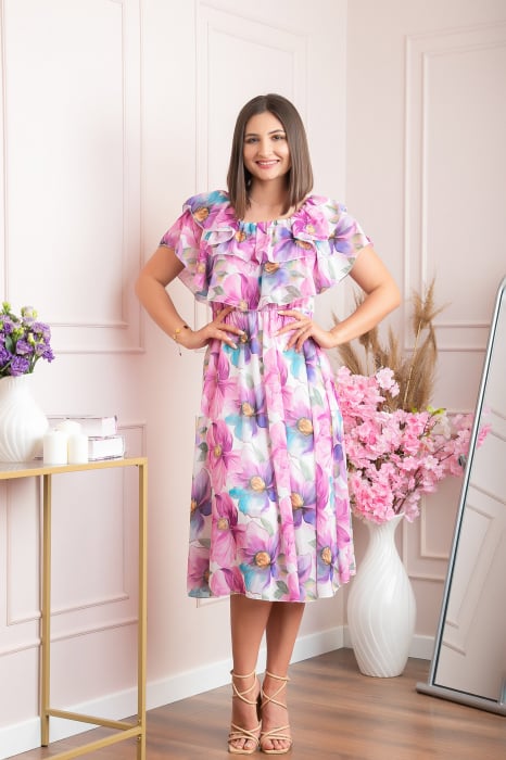 Rochie Sarah eleganta din voal cu volane si imprimeuri florale - Lila