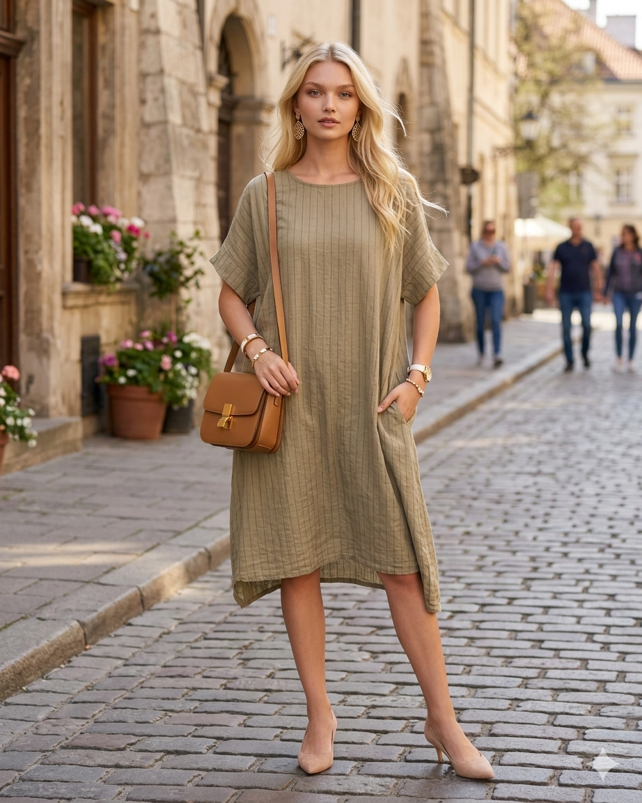 Rochie stil A cu dungi beige - Unica S-L