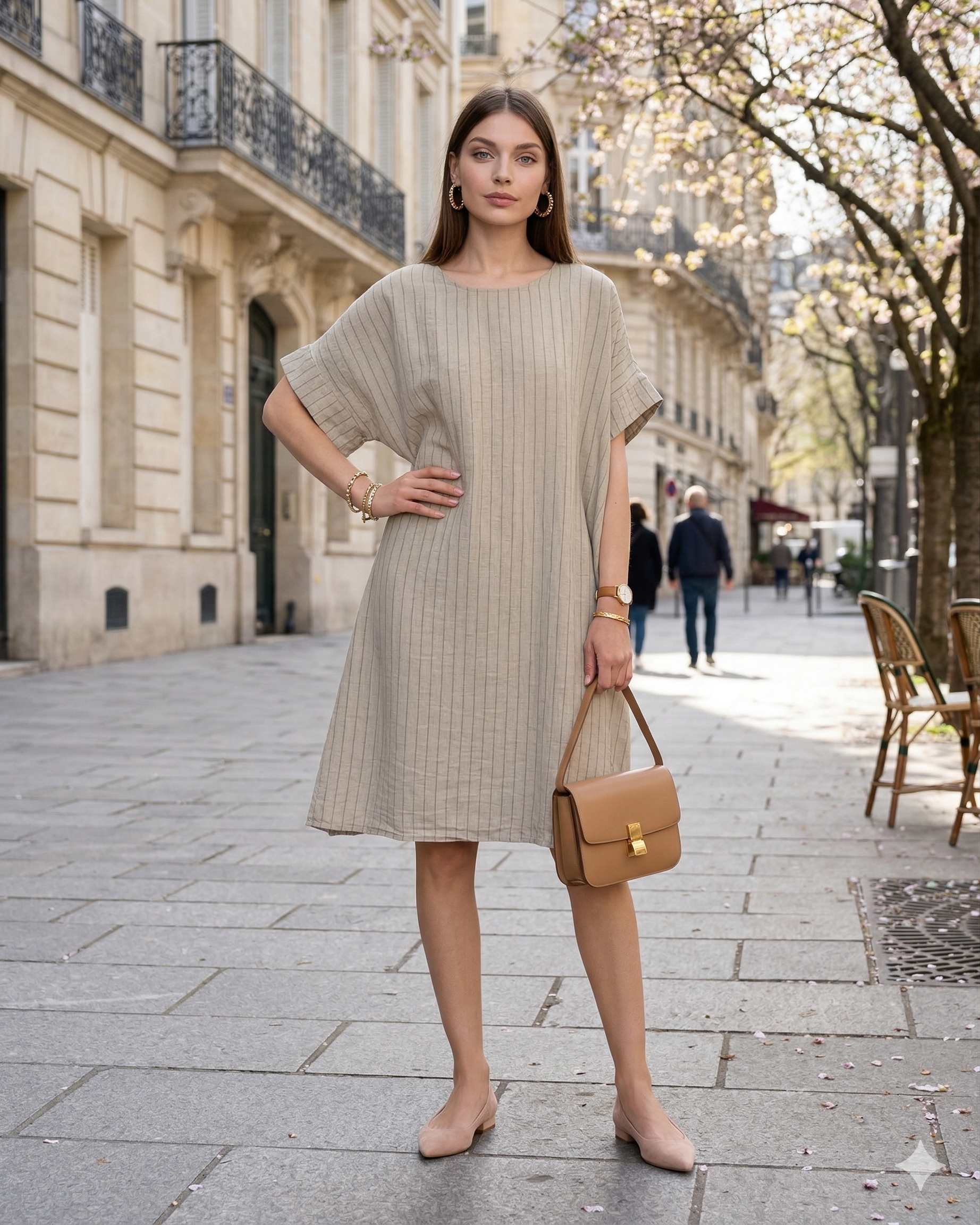 Rochie stil A cu dungi crem - Unica S-L