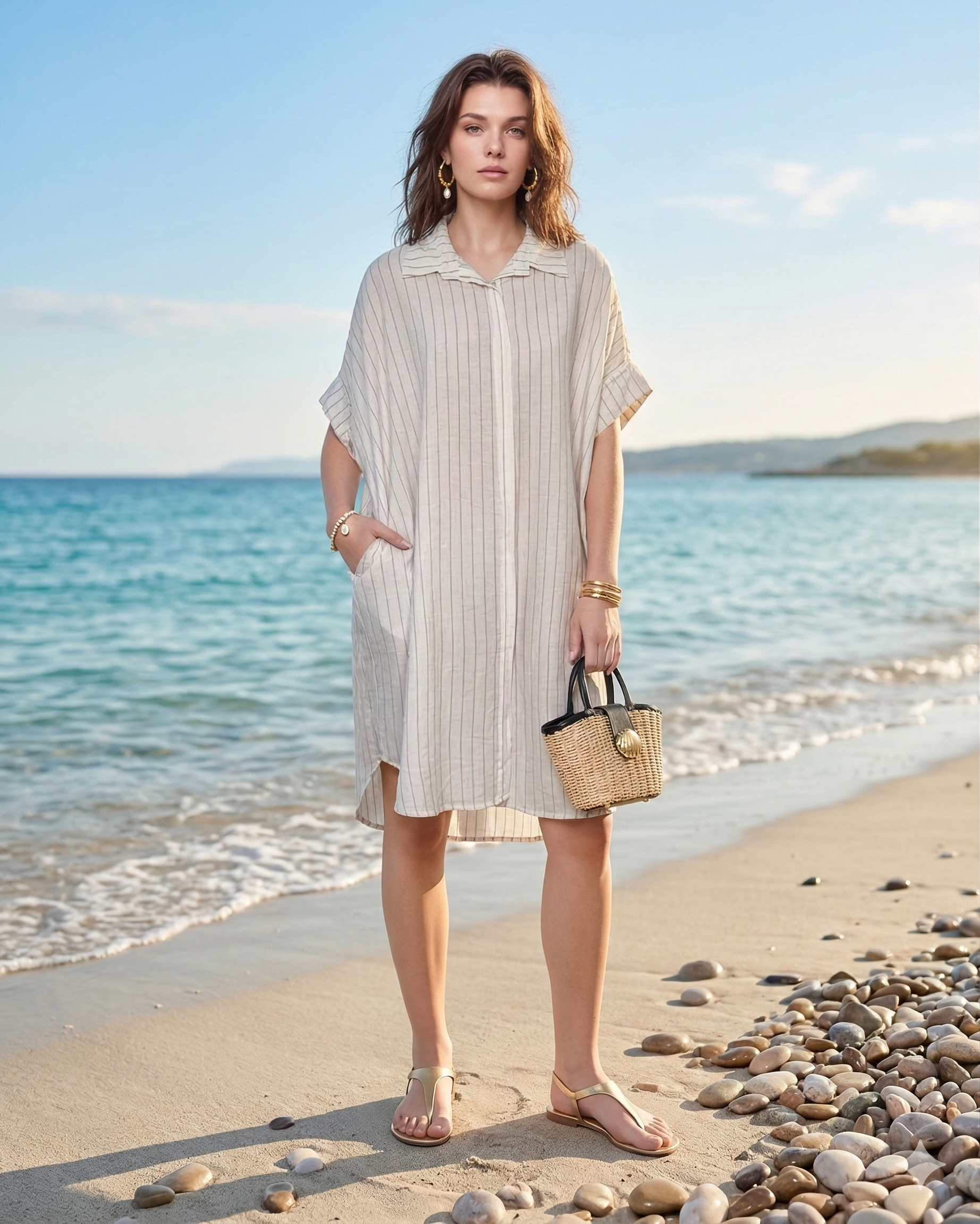 Rochie stil cămașă din in cu dungi alb - Unica S-L