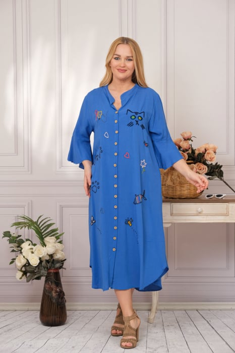 Rochie tip camasa albastra boho chic cu aplicatie pisica