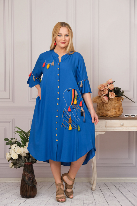 Rochie tip camasa albastra boho chic cu buzunare laterale
