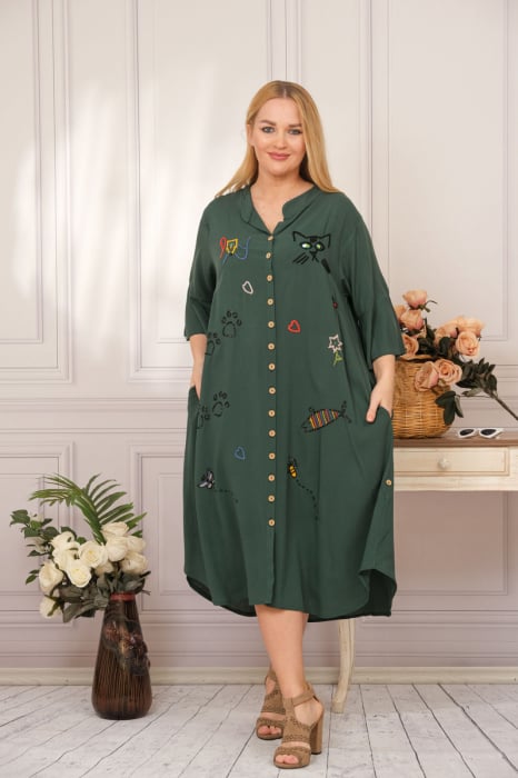 Rochie tip camasa verde boho chic cu aplicatie pisica