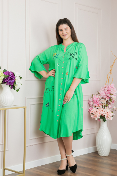 Rochie tip camasa verde smarald boho chic cu aplicatie pisica