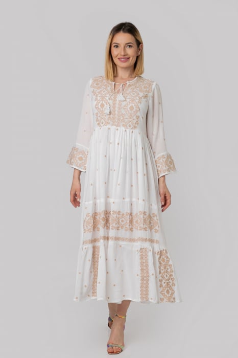 Rochie traditionala alba cu motiv geometric crem Virginia 01