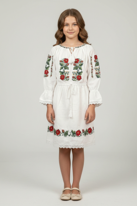 Rochie traditionala alba pentru fetite cu motiv floral rosu Elena