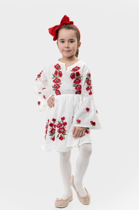Rochie traditionala alba pentru fetite cu motiv floral rosu Iulia