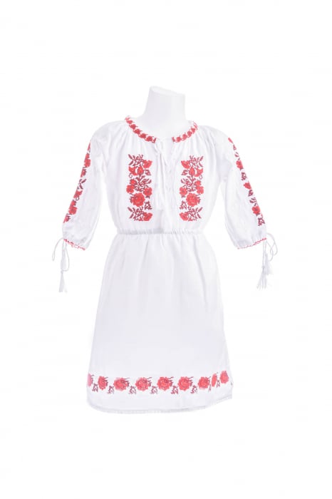 Rochie traditionala alba pentru fetite cu motiv floral rosu Medeea