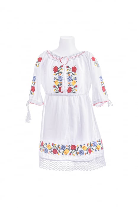Rochie traditionala alba pentru fetite cu motiv floral tricolor Casandra