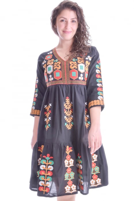 Rochie traditionala evazata neagra cu motiv geometric si floral multicolor Irina