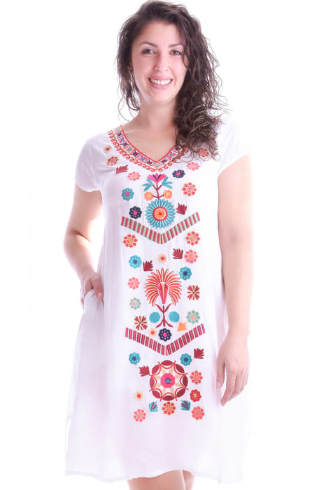 Rochie traditionala midi alba cu motiv floral multicolor Viviana