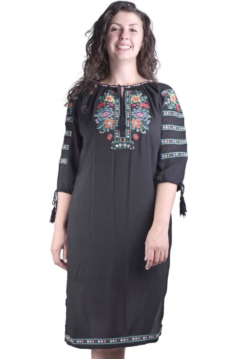 Rochie traditionala midi neagra cu motiv floral multicolor Stela