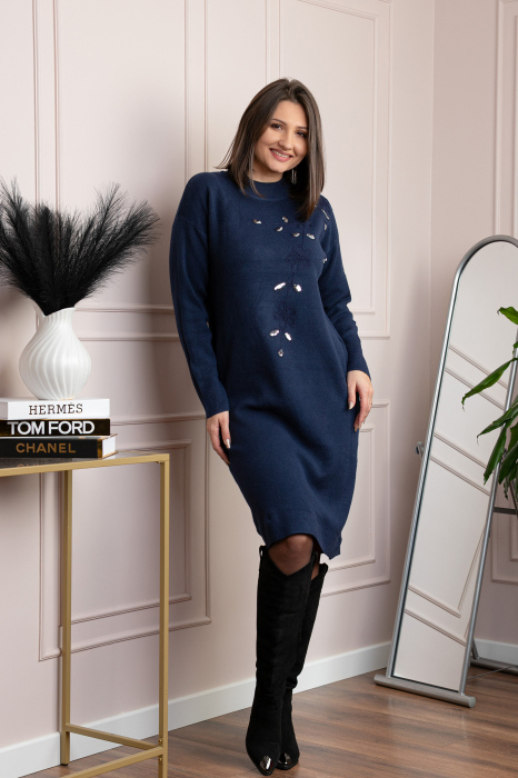 Rochie tricotata bleumarin Katherine cu flori in relief si paiete argintii