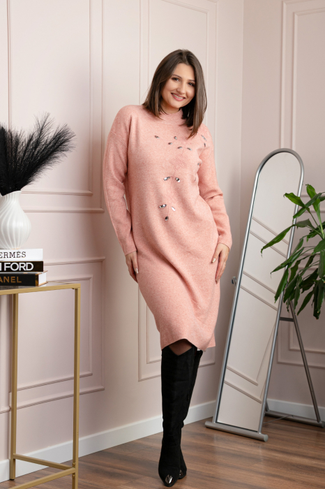 Rochie tricotata roz somon Katherine cu flori in relief si paiete argintii