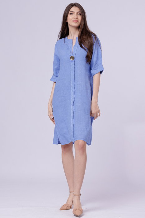 Rochie tunica din in bleu, cu nasture metalic decorativ