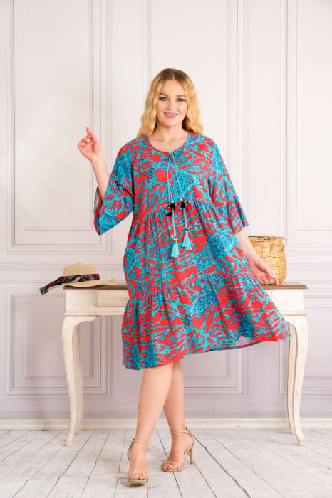 Rochie turcoaz midi boho chic cu imprimeuri florale corai