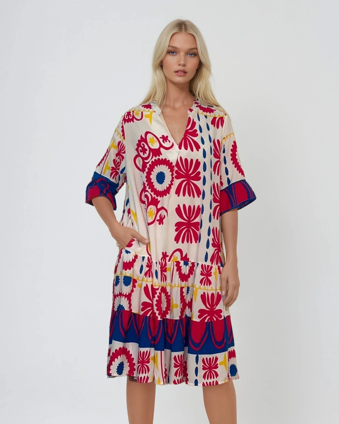 Rochie vaporoasă cu print floral și mânecă clopot ciclam - Unica S-L