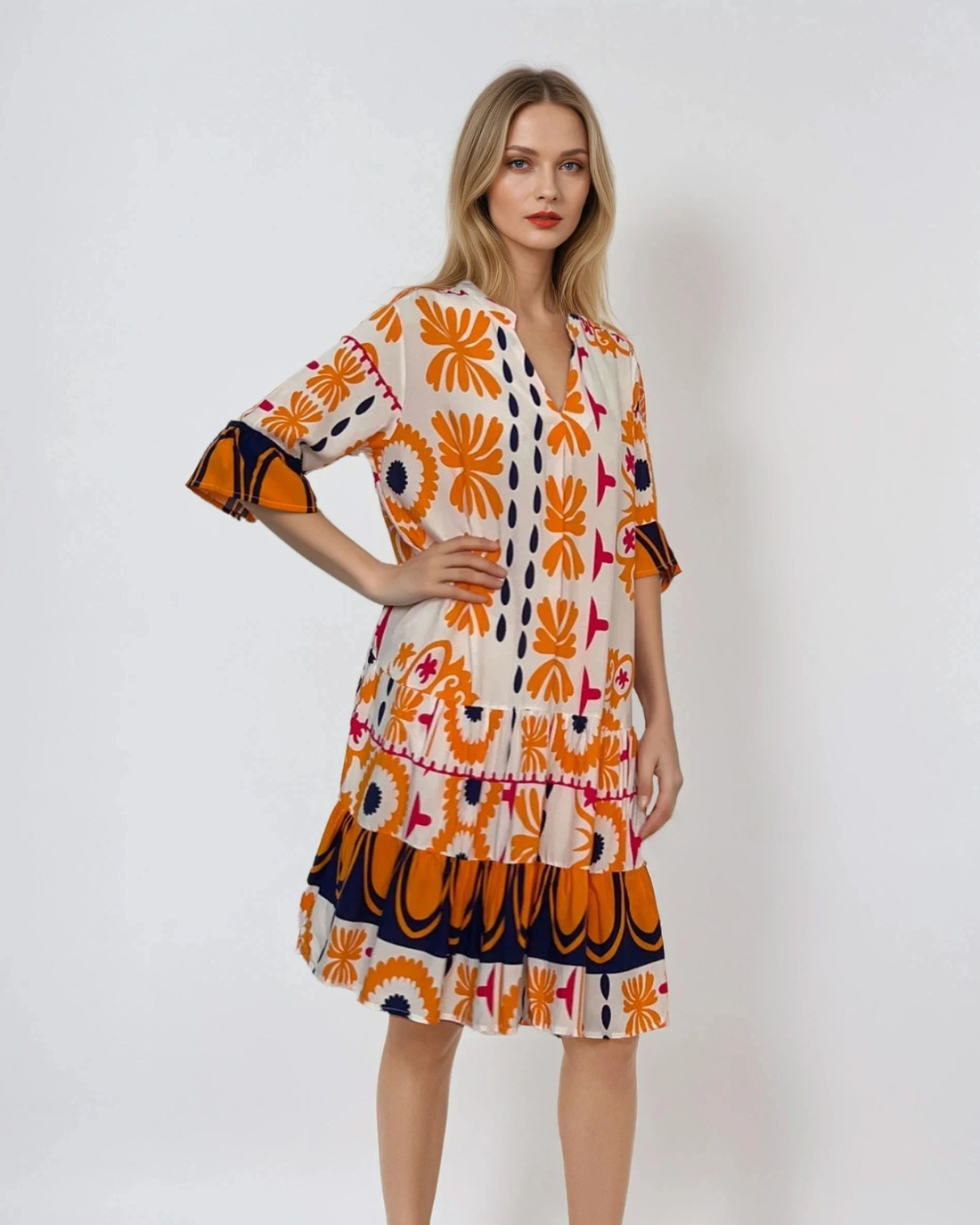 Rochie vaporoasă cu print floral și mânecă clopot portocaliu - Unica S-L