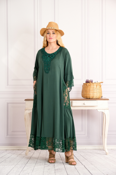 Rochie verde boho chic cu buzunare din dantela
