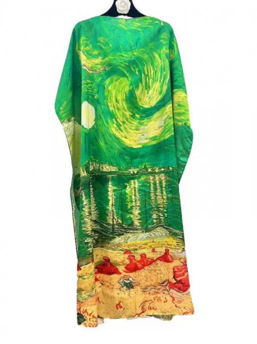 Rochie verde de plaja lunga tip poncho din matase cu reproducere dupa Noapte Instelata deasupra Rhonului de Claude Monet