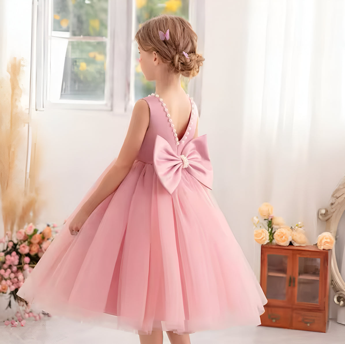 Rochie verde eleganta pentru fete, cu fundita si perle - Luna