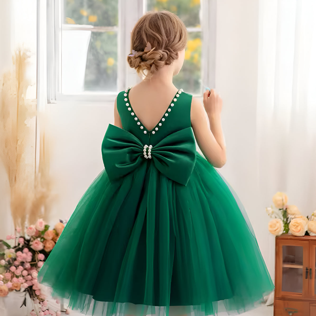 Rochie verde eleganta pentru fete, cu fundita si perle - Luna