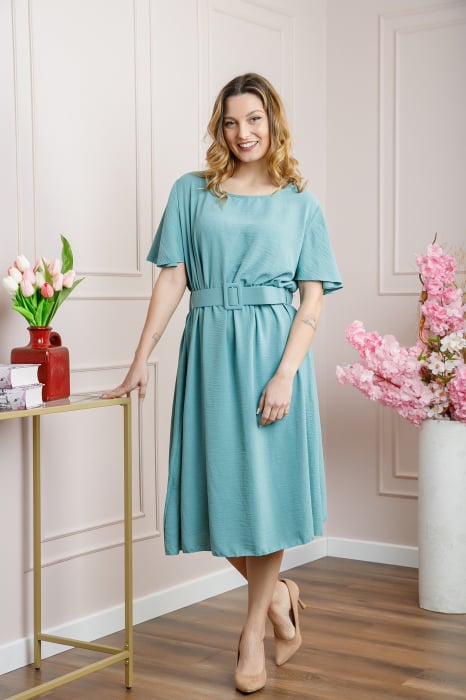 Rochie verde mint cu maneci scurte si centura in talie