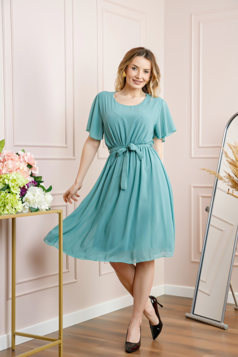 Rochie verde mint din voal cu cordon in talie