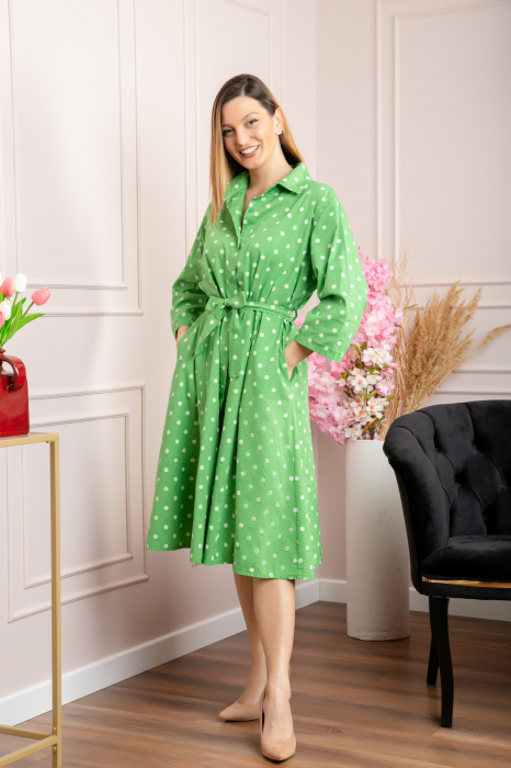 Rochie verde tip camasa cu buline
