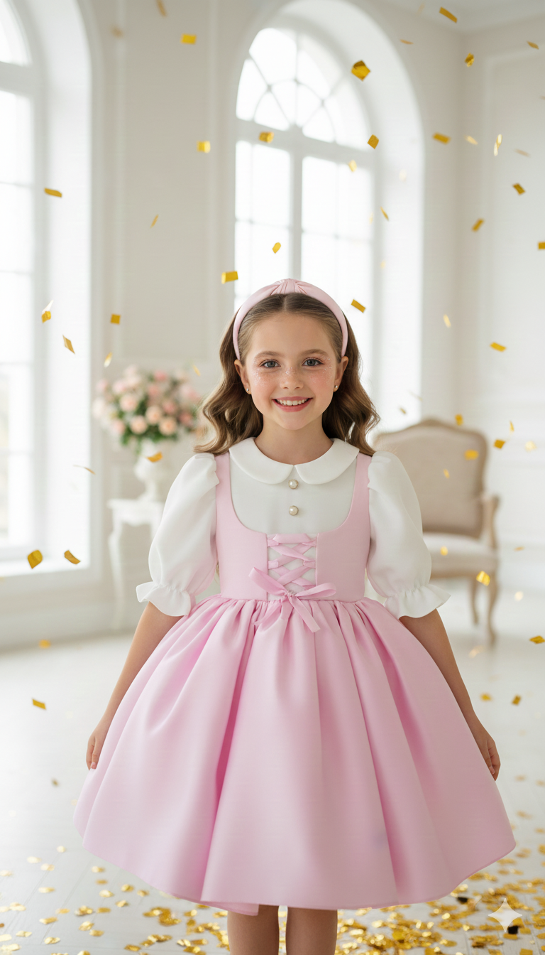 Rochie vintage din stofa roz pentru fete - Adelina