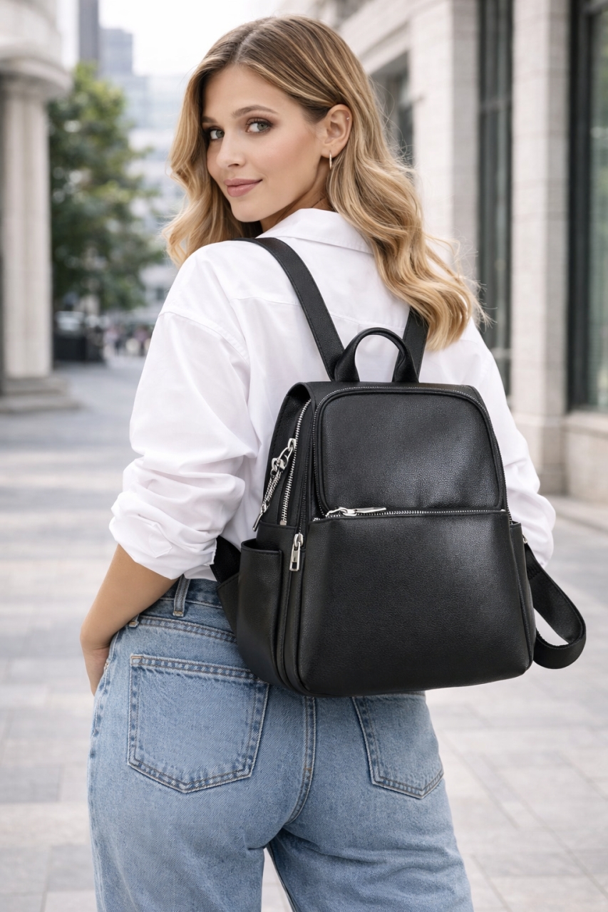 Rucsac dama, Cataluna GT2075, piele naturala, Negru - poza 2