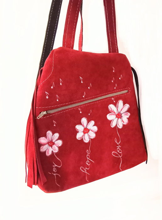 Rucsac handmade bordeaux din piele naturala intoarsa ,cu crizanteme si mesaje pictate