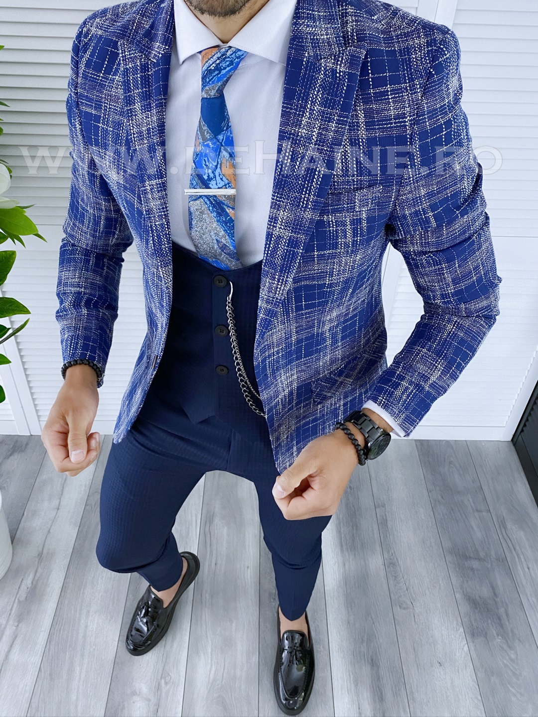 Sacou barbati in carouri slim fit albastru B5302 P18-1.1