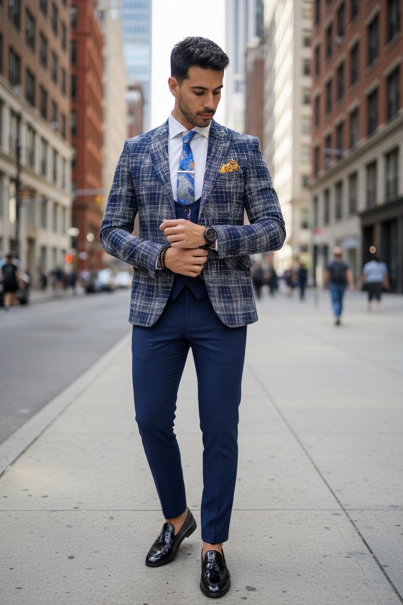Sacou barbati in carouri slim fit bleumarin B5303 111-3